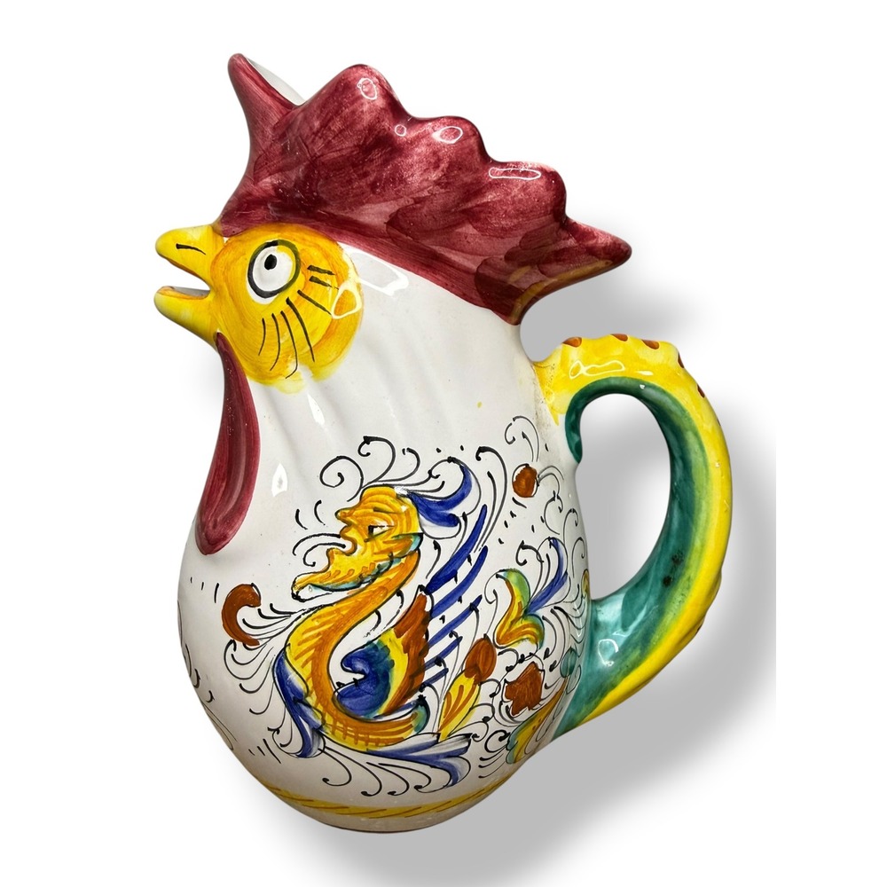 Vintage Raffaellesco Deruta Italy Large‎ Rooster Pitcher Hand Painted Pottery